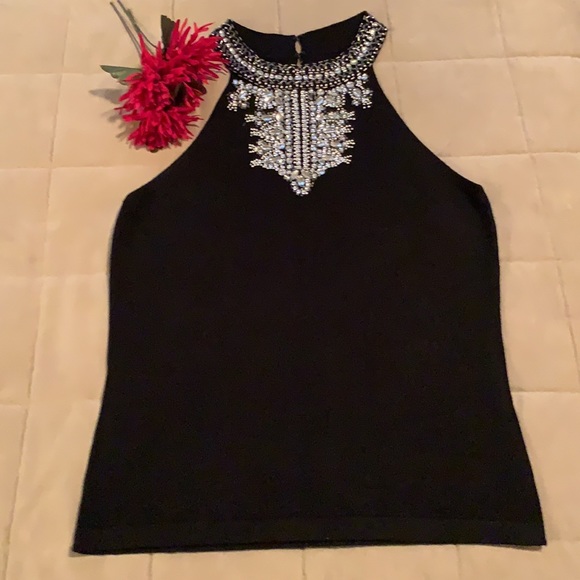 Black Sweater Tank w/ Beaded Jewelled Neckline - Picture 3 of 6